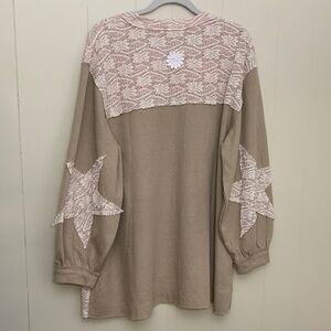 POL Star Sleeve Crochet Star front Textured Pink and Cream Knit Top